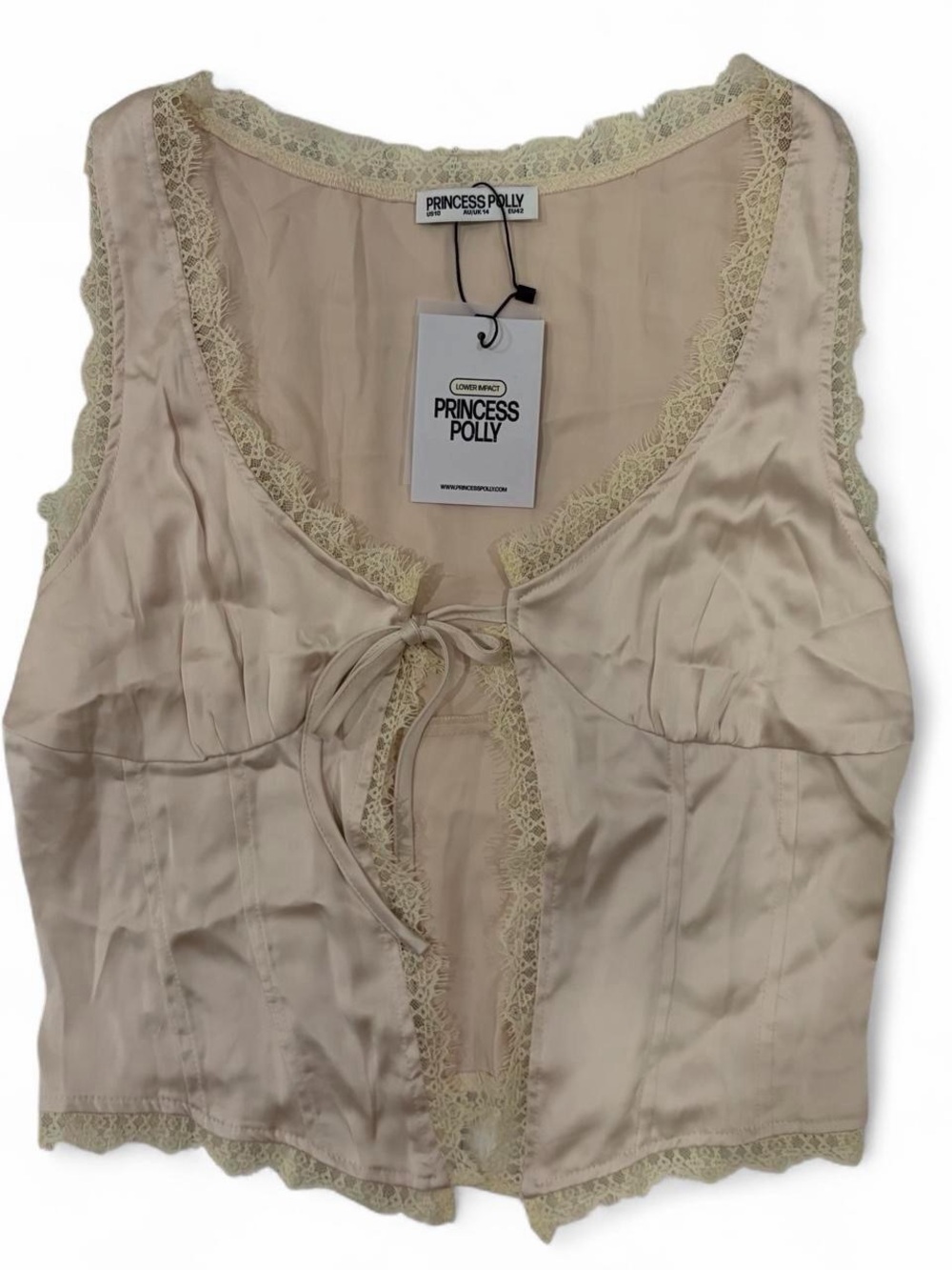 Princess Polly Cream Lace-Trim Tie-Front Silk Bandeau Top
